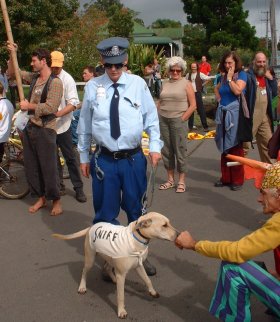 'Chicken' George, [a.k.a. the Plantem,] with his dog on a lead - Photo by Lucy Charlesworth